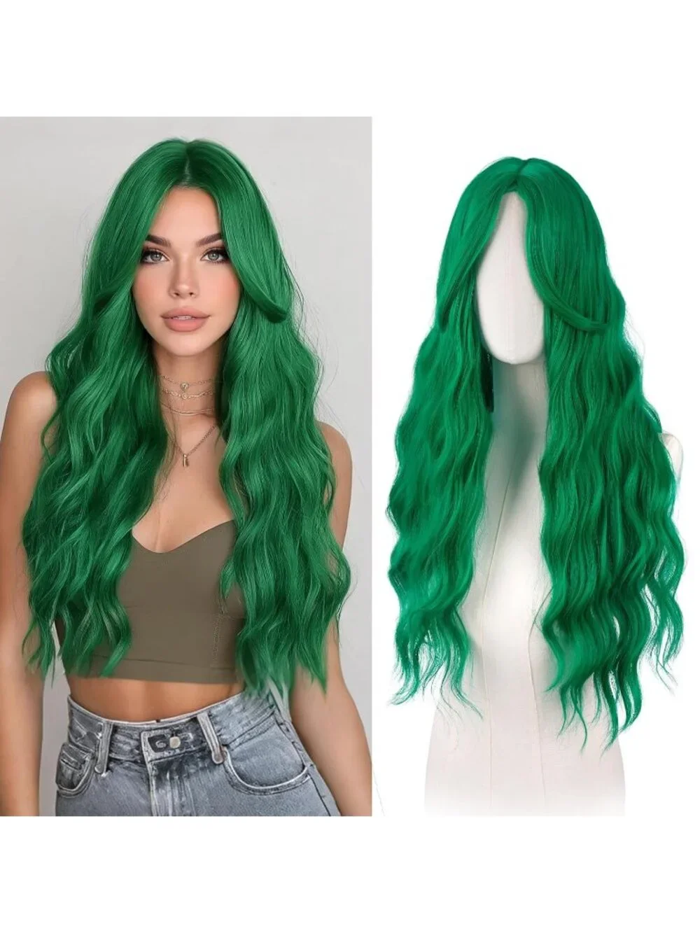 Women's Green 26 Inch Heat Resistant Curtain Bangs Long Wavy Wigs